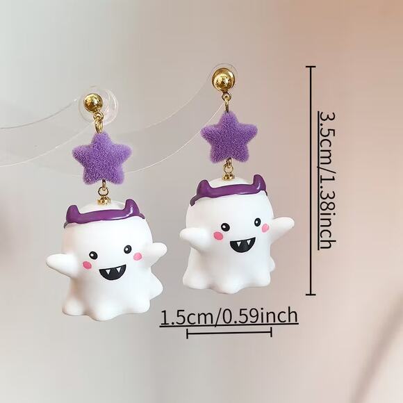 Cute Kawaii Halloween Spooky Purple Star Devil Ghost Drop Earrings - Picture 2 of 2